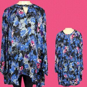 Denim 24/7 16W Blue Floral Button Keyhole Neckline Step-Hem Long Sleeve Blouse